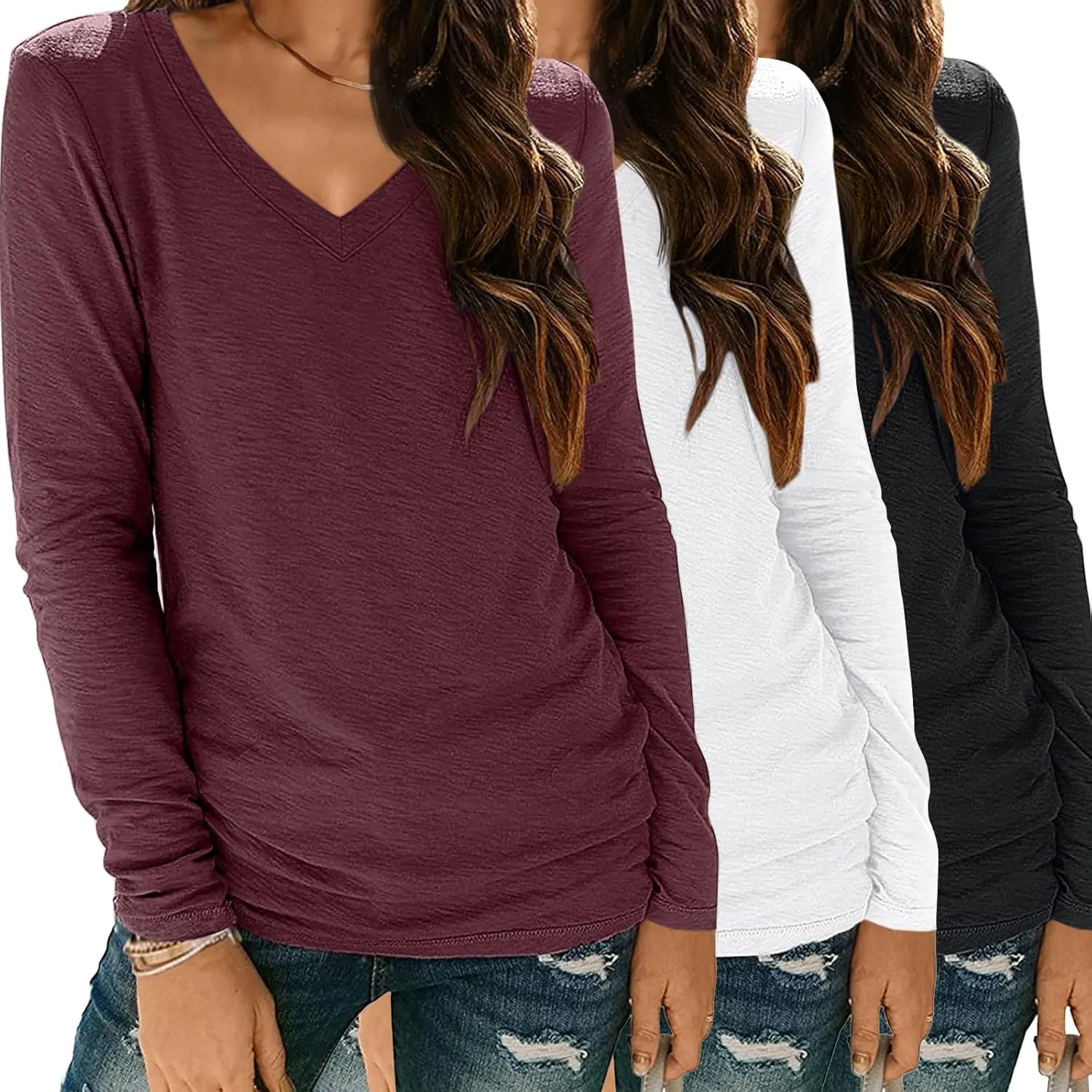 SUNBS 3 Pack Womens Long Sleeve Shirts V Neck Tops Loose Fit Causal Fall Fashion Outfits Trendy Clothes Winter 2025