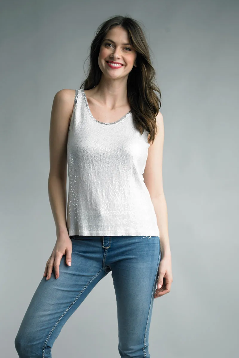 Tempo Paris White Sequin Tank With Silver Foil Trim