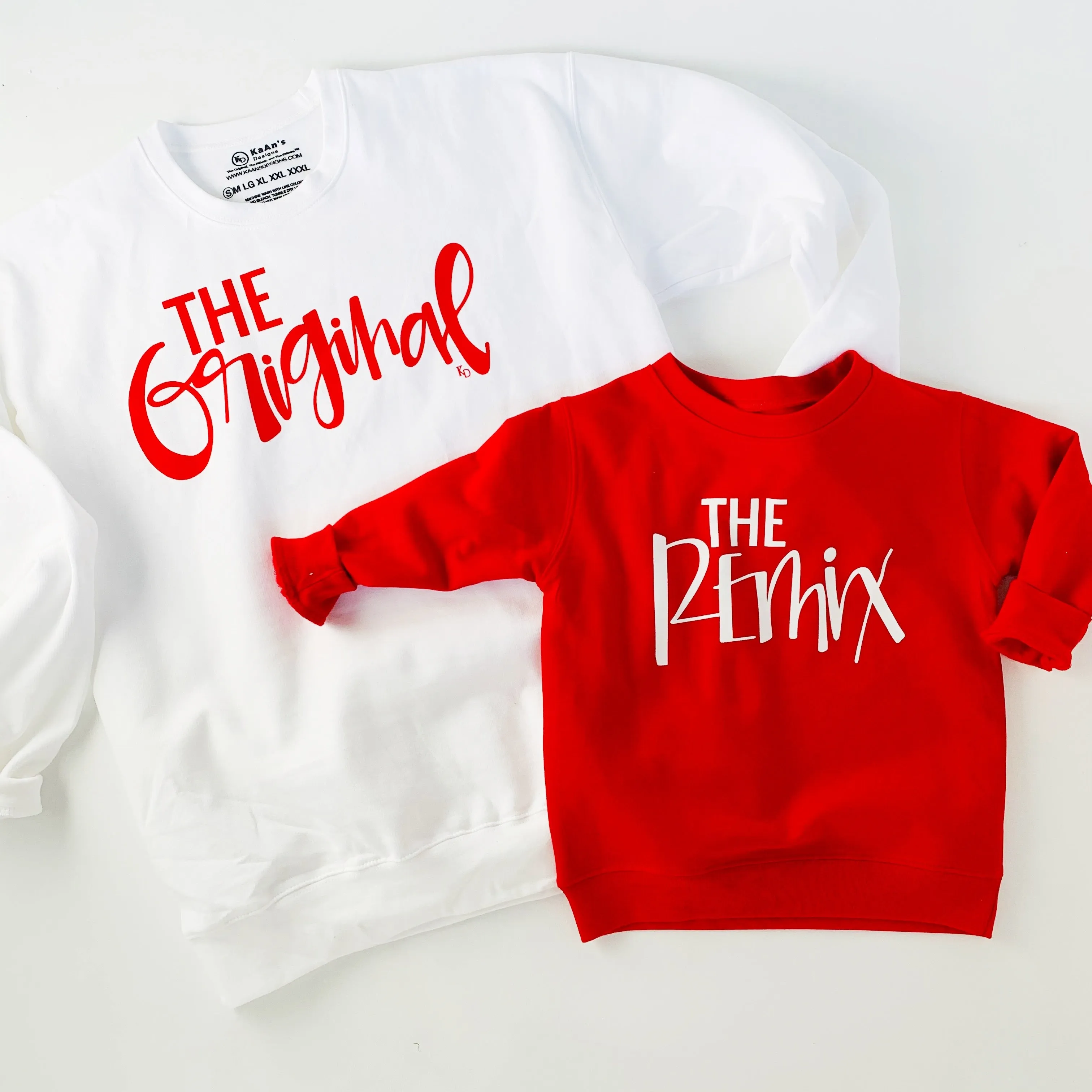 The Original The Remix® - 2 Set Curvy Font Script - Red and White Sweatshirts