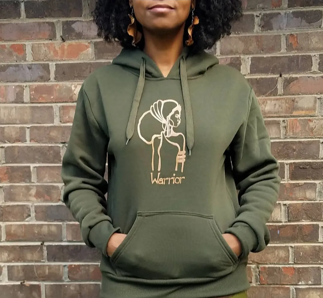 The Warrior Hoodie in Olive Green with khaki design