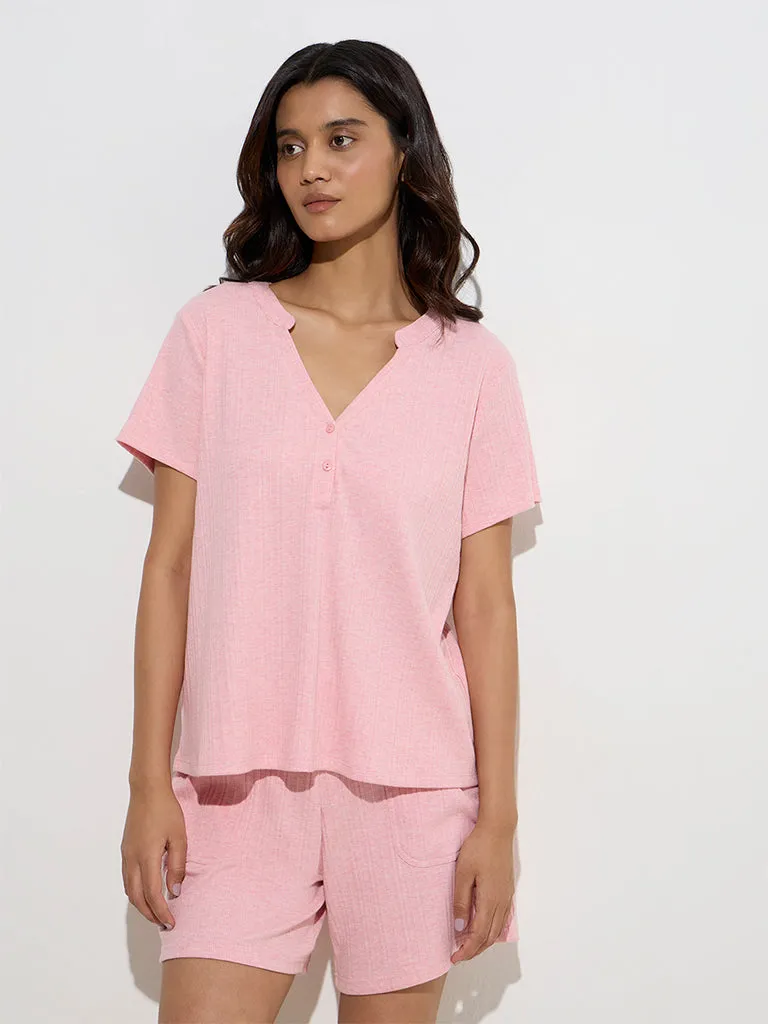 Wunderlove Pink Ribbed-Textured Cotton-Blend Henley Top