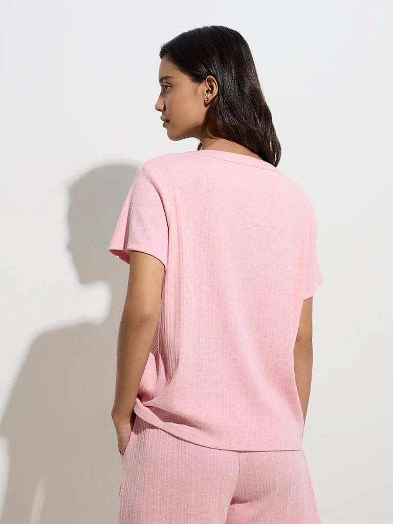 Wunderlove Pink Ribbed-Textured Cotton-Blend Henley Top