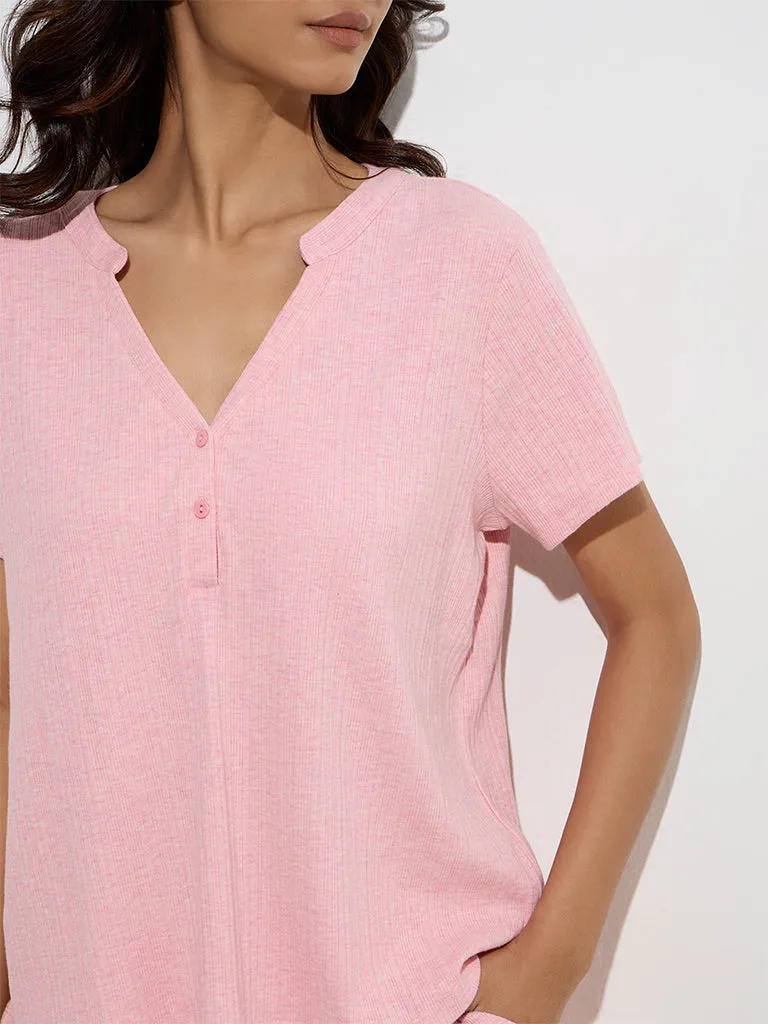 Wunderlove Pink Ribbed-Textured Cotton-Blend Henley Top